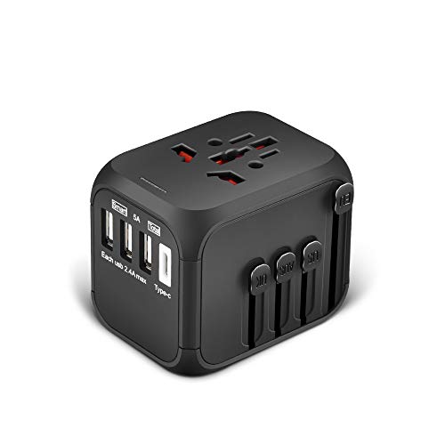 Preisvergleich Produktbild Reiseadapter SEALIGHT Universal Reisestecker mit Rücksetzbare Sicherung Weltweit Stromadapter Internationaler Stecker Travel Adapter 4 USB Ports für 150 Ländern wie UK USA EU Australien Japan Schwarz