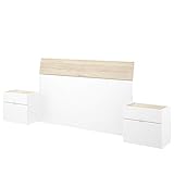 Sencillo,elegante y bonito Conjunto matrimonio con cabecero y dos mesitas con líneas sencillas. Material aglomerado melaminizado de alta calidad. Este es el mueble adecuado para los amantes de los muebles con un toque mas tradicional pero sin descartar algunos detalles mas actuales. Este conjunto está compuesto por cabecero y dos mesitas con dos cajones en color blanco brillo/natural .Incluye herrajes