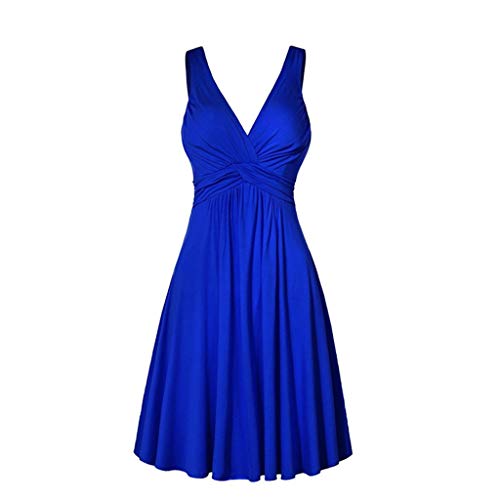 OverDose Soldes Robe Vintage Femme Grande Taille Rockbilly Sexy Col V Chic Robe de Soirée Cocktail, Plisée Au Genou Robe évasée Taille XL-5XL (Bleu,44)