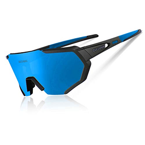 Queshark Gafas Ciclismo Polarizadas para MTB Bicicleta Gafas con 5 Lentes Intercambiables UV400 (Negro BLU)