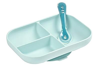 Béaba Set Repas Assiette Compartimentée Silicone Ventouse et Cuillère Silicone, Bleu