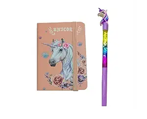 AUM Unicorn Mini Pocket Diary with Elastic Band with Glitter Gel Pen Hardcover Notebook Office School Stationery for Students Kids Children Birthday Return Gift Party Favour (Pack of 02 Items)