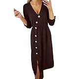 iHENGH Neujahrs Karnevalsaktion Damen Frühling Sommer Rock Bequem Lässig Mode Kleider Frauen Röcke Langarm V-Ausschnitt Taste Split Kleid Damen Party Casual Maxi Kleider