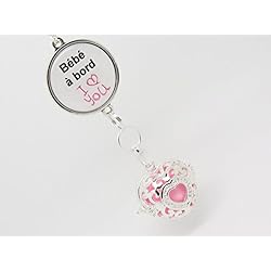 COLLIER SAUTOIR BOLA ARGENT PLAQUE BOLA DE GROSSESSE PERSONNALISABLE FORME DE CŒUR BILLE DE CUIVRE ROSE AVEC CABOCHON BEBE A BORD