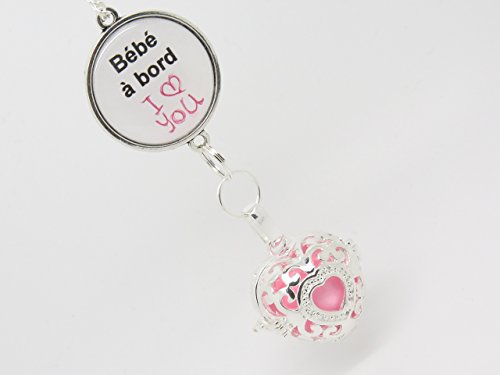 COLLIER SAUTOIR BOLA ARGENT PLAQUE BOLA DE GROSSESSE PERSONNALISABLE FORME DE CŒUR BILLE DE CUIVRE ROSE AVEC CABOCHON BEBE A BORD