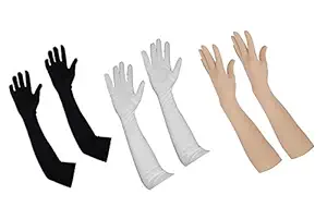 NVL Unisex Cotton Arm Sleeves for Summer and Sun Protection Full Hand Long Gloves for Bike Riding Men and Women Washable and Reusable Black + Beige + White Color 3 Pair