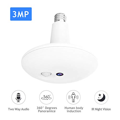 Caméra Ampoule WiFi 3MP - Caméra IP sans Fil Grand Angle 360 Fisheye pour la sécurité du Domicile, Audio bidirectionnel, Vision Nocturne, Induction du Corps Humain