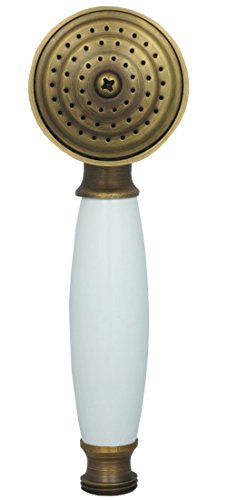 Nostalgie Retro Handbrause Brausekopf Duschbrause Dusche Duschkopf Regenbrause mit weißem Keramik Griff Vintage Antik Messing 070 - 3