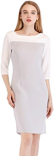 Lefancy Women's Summer Work Boat Neck Color-Block Jacquard 3/4 Length Sleeves Back Slit Office Knee Length Pencil Dress (UK-14/XL, Grey)