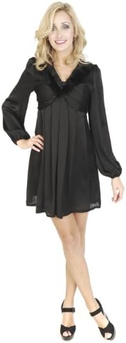 Black FZ Classic Tricot Short Mini Satin Floaty Shift Formal Party Evening Long Sleeve V Neck Dress (ML)