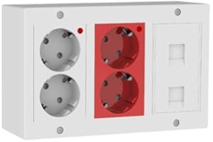 CABLEPELADO Kit puesto trabajo pared superficie | Módulo Doble Schuko Embornado Por Corte-Rápido Con LED, Módulo Doble Schuko Embornado Por Corte-Rápido rojo Con LED, 1 Placa Datos Para 2 Conectores