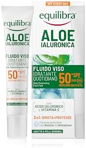Equilibra, Aloe Ialuronica Fluido Viso Quotidiano SPF 50+, con Acido Ialuronico, Vitamina E, Azione 2in1 Idrata e Protegge, Difende da Raggi UVA/UVB e Luce Blu, Adatto a Pelli Sensibili, 40ml