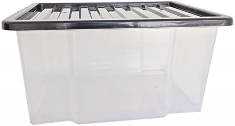 Set of 3 PLASTIX Clear Plastic Storage Box Boxes With Lids Home Office Stackable UK Made (50 LITRE, With Black Lid)
