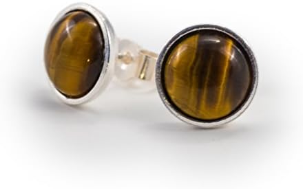Tiger Eye Brwon Stud Earrings, Sterling Silver, 8 mm Gemstone,