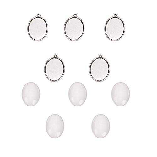 PandaHall 5 Stück 40x30mm Transparent Klar Oval Glas Cabochon Abdeckung mit Antike Silberne Tibetanische Art Anhänger Cadmiumfrei, Nickelfrei und Bleifrei für DIY Schmuck