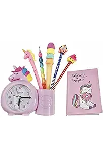 Le Delite unicorn cartoon pig alarm clock combo includes watch with cute stylish diary with gel pen , non sharpening pencil , cartoon pencil with eraser top and eraser , school supplies stationery/ birthday return gift item for girls boys kids
