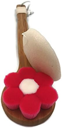 The Sweetest Peas A Luxury Flower Soft Fibre Body Bath Brush+White Round Konjac Facial Cleansing Sponge with a Long Bamboo Handle Massage Brush Exfoliating Skin Care for Body+Facial Cleaning (Pink)