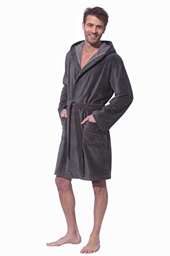 Morgenstern, Herren Kurz-Bademantel, mit Kapuze, Gr. M, anthrazit ( dunkel grau) , Größen S bis XL verfügbar, Außenseite kuschelige Microfaser Innenseite saugstarke Baumwolle ( Frottee )