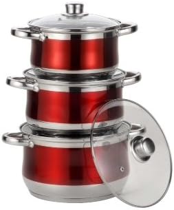 Royal Cuisine 3 Piece Set Coloured Stainless Steel Stock Pot Set. (Red) 18cm Diameter, 2.5 Litre Volume. 20cm Diameter, 3.5 Litre Volume. 22cm Diameter, 4.5 Litre volume