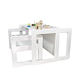 3 in 1 Multifunktionales Kindermöbel Set Bestehend Aus einem Multifunktionalen Kindertisch und eine Multifunktionale Kindersitzbank oder ein Multifunktionales Nest von zwei Couch- Beistelltischen für Erwachsene, aus Massivem Buchenholz Weiß Lackiert