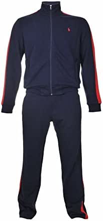 Ralph Lauren Mens Navy Blue Full Tracksuit - Jacket & Bottoms With Red Stripe Detail (Medium 