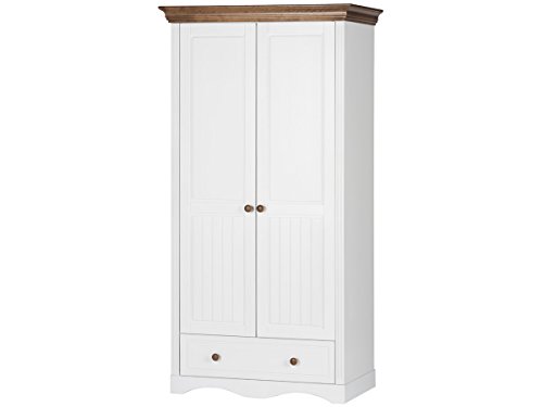 Princessa tall high 2 door wardrobe with shelves hanging rail drawer in white cognac colour made from solid wood nursery children furniture wardrobes