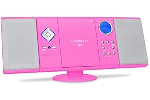 Oneconcept V-12 Stereo System - CD Player, MP3, USB, SD, AUX, FM/AM Tuner, Vertically Built-Up, Removable Speakers, Clock with Alarm, Stand or Wall Mounting, Pink