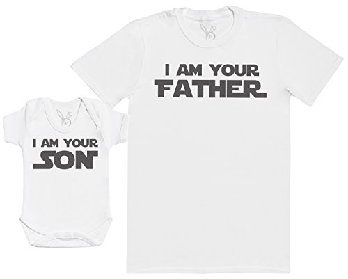 Zarlivia Clothing I Am Your Son & I Am Your Father - Completo papà & Bimbo Abbinato, Composto da Un Body Bimbo Cotone e Una T-Shirt Uomo Cotone - Bianco - L & 3-6 Messi