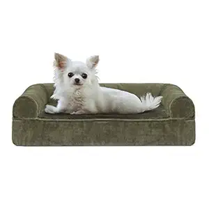 Furhaven Pet Faux Fur & Velvet Cooling Gel Top Sofa Pet Bed, Small, Dark Sage