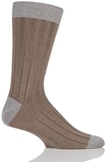 Mens 1 Pair SockShop of London 85% Cashmere Contrast Top Heel and Toe Ribbed Socks Camel / Silver 7-10