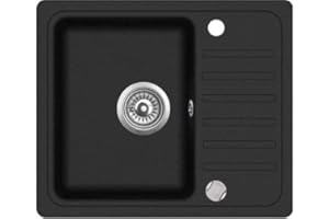 ‎VBCHOME VBChome Spülbecken Granit Schwarz 55 x 44 cm Einzelbecken Einbauspüle Gesprenkelt Reversibel Küche Küchenspüle Granitspüle Siphon Waschbecken Schwarz