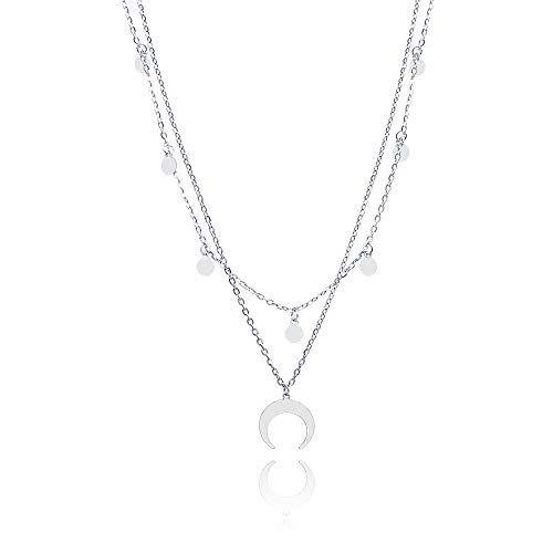 WikiMiu Collier Multirang Femme Ras de Cou avec Pendentif Lune et Ronds, Bijoux Fantaisie Cadeau pour Anniversaire Noël la Saint-Valentin et Fêtes, Argent