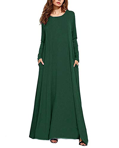 Kidsform Robe Longue Femme Manches Longues Grande Taille Chic Maxi Robe de Plage d'été Col Rond Casual Rode de Soirée avec Poches Z-Vert 36 EU (Fabricant: Taille S)
