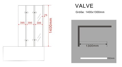 VALVE 130 x 140 cm 3tlg. Faltwand Badewanne Echt Glas 6 mm Duschabtrennung Duschwand - 4