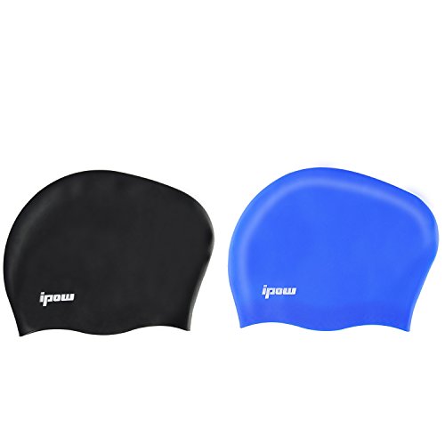 Ipow 2-Stück Hochwertige Silikon Badekappe Bademütze Badehaube für lange Haare gesund und warm Swim Cap (Schwarz + Blau) - 7