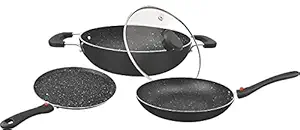 WARMEO NonStick Induction Friendly Cookware Set with Glass lid, Detachable Handle and Granite Finish (Black) - Set of 3