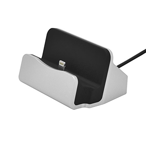 Original iProtect® Premium Dockingstation Ladestation mit integrierten USB Datenkabel Ladekabel und Netzteil Adapter für Apple iPhone 5 5s 5c 6 6Plus 6s, iPod Touch 5G 6, iPod Nano 7G in silber - 3