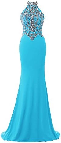 M Bridal Women's Beaded Rhinestones High Neck Long Mermaid Christmas Dress Blue US Size 6