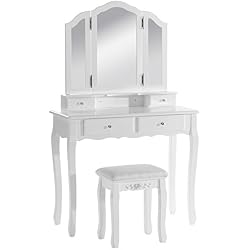 WOLTU MB6027cm Coiffeuse Table de Maquillage avec 3 miroirs et 1 Tabouret+4 tiroirs en MDF et en Bois de pin Massif Blanc,90 x 145 x 40cm