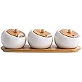 Agabani Porcelain Condiment Jar Spice Container with Lids - Bamboo Cap Holder Spot, Ceramic Serving Spoon, Wooden Tray - Best Pottery Cruet Pot for Your Home, Kitchen, Counter. White,170 ML