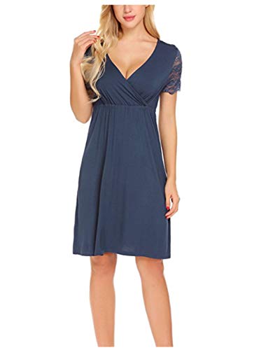 Preisvergleich Produktbild Swallowuk Damen Umstandskleid Spitzenkleid Kurzarm Schwangerschafts Kleid V-Ausschnitt Still-Nachthemd Nursing Pyjama Kleid (XL, Marine)