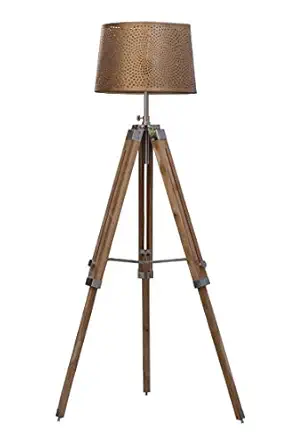 Roorkee Instruments (INDIA) Teak Wood Tripod Floor Lamp Stand with Shade and Bulb (Black)