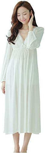QLX Retro Palace Sleeping Dress Women Spring &amp; Autumn V Necklace Cotton Long Sleepwear White Nightdress (L（Height 165-170cm，Weight 58-66kg）, White)