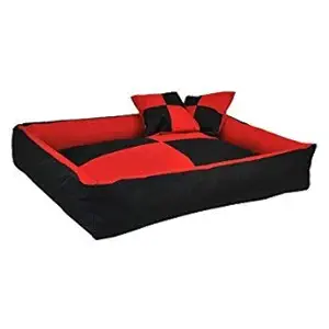 Gorgeous Pet Store Squre Shape Reversible Ultra Soft Ethnic Velvet Bed for Dog/Cat 2 Extra Pillow (Red Black, Medium)