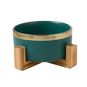 Ceramic Dog Bowls Cat Bowls with Wooden Stand, Modern Cute Weighted Bowl for Small & Medium Sized Dogs Cats, Elevated Round Non Slip Pet Food Water Bowls, Cat Food Bowl, 28oz (Green Gold)