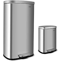 Homfa Lot de 2 Poubelle de Cuisine 30L et Poubelle de Maquillage 5L Automatique Couvercle Frein de Chut, Poubelle Recyclage en Acier INOX Brossé avec Pédale Antidérapante Salle de Bain