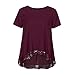 Produktbild ESAILQ Frauen beiläufige Oansatz Kurzarm lose Spitze Patchwork Tops Tunika Bluse(Medium,Wein)