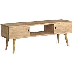 Hogar24 Meuble TV, salon Design vintage 2 portes et étagère en bois massif naturel Fabrication artisanale 110 x 40 x 30 cm.