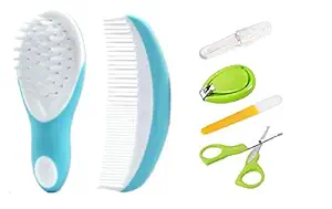 Manan Shopee Newborn Baby Comb & Soft Brush Set with Toddler Grooming Kit with Scissors - The Best Unique Baby Shower Gift for Girls and Boys (Color May Vary) (Blue)