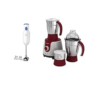 Philips Daily Collection HL1655/00 250-Watt Hand Blender (White) + Philips HL 7720 750-Watt Mixer Grinder with 3 Jars (Multicolour)